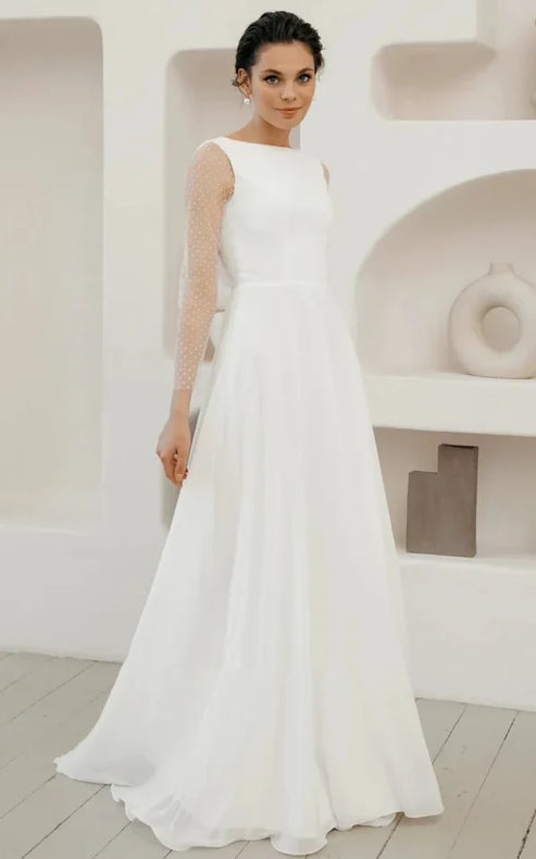 Luolandi A-Line Chiffon Maxi Wedding Dress Minimalist Sleeved Pearl Button Low Back Bridal Gown